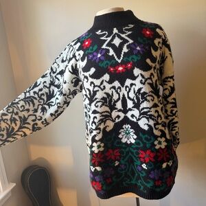 80s Vintage Sweater Mock Neck Black White Red Floral Pattern